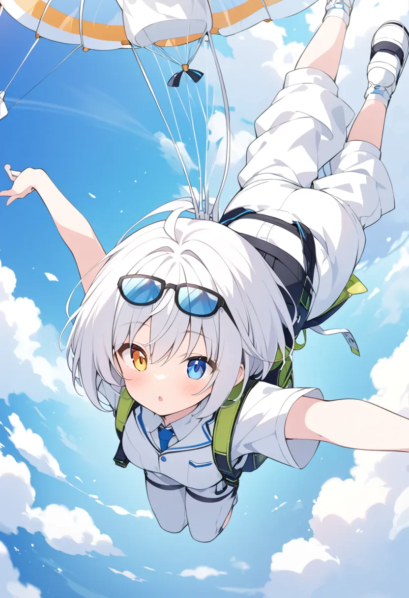 score_9, score_8_up, score_7, 1girl, white hair, very short hair, free fall in the air, white suit, white pants, very very short...