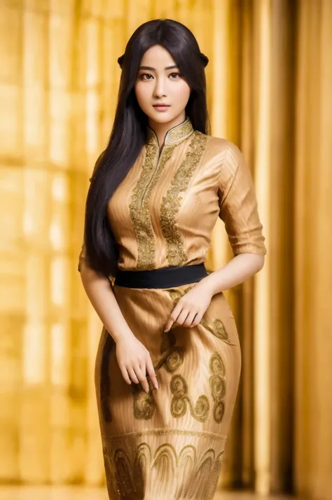 a beautiful young woman, 25 years old, with long brown hair, wearing a traditional myanmar dress, with a voluptuous figure, thin...