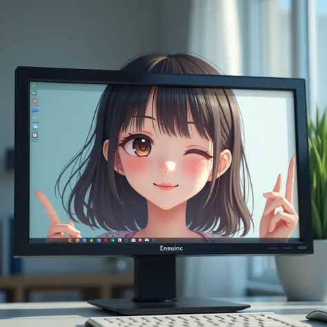 we are looking a pc display, a hyper photorealistic cute virtual idol is in the display, pov, display frame, she smiles with one eye closed, 