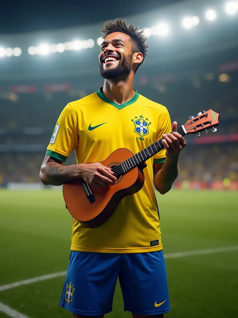 create a highly realistic image of a well-known soccer player resembling neymar, standing on a soccer field after a match. he is...