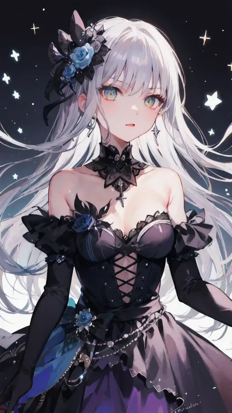 ( masterpiece ), ( best quality), Perfect composition, Clean, 8K, , [1 Girl,  cowboy shooting], (minato_Snow vegetable_Bond Dream:1), long grey hair, Sweep the bangs,  Bright eyes , Jewelry, hair_flower, Gothic fashion,  Off Shoulder Dress , embroidery, se...