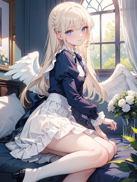 ( masterpiece ,  best quality:1.2), Extremely detailed, Fine Hair,  Soft Skin ,  1 girl at home, solitary, eternal,  angel wings ，blond, Long hair,  blue eyes,  long lashes , thick eyelashes ,  Smile，  Lolita style pleated skirt, , Puff sleeves, juliet sle...