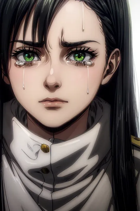 a 35-year-old woman ,  long black hair , green eyes, sad expression,  crying, tears on the face,  white military uniform, , libe...