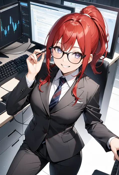 high image quality、red hair in a ponytail、wear glasses、three white eyes、suit、tie、pants、i&#39;m using a computer、smiling