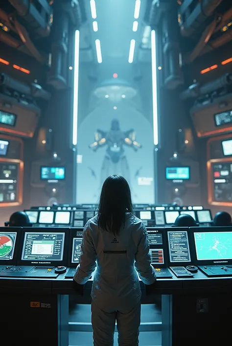 studio photo, atmospheric design of a futuristic starship command centre, lots of computer panels, a girl in a light spacesuit controls the flight