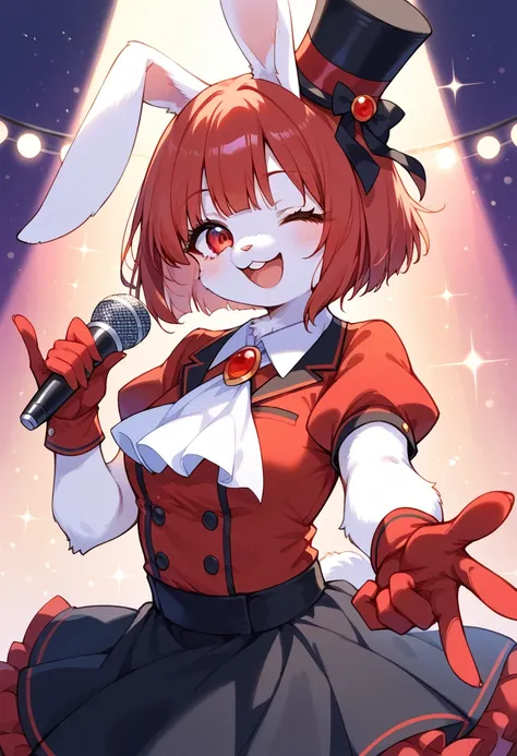 score_9, score_8_up, score_7_up, score_6_up, score_5_up, score_4_up, source_anime, best quality, amazing quality, very aesthetic, absurdres, 1girl, (furry, kemono:1.3), rabbit, rabbit girl, rabbit ears, idol, red hair, hat, red shirt, red eyes, skirt, glov...