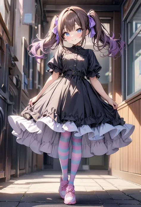  high definition, masterpiece,  High Details , Bob Hair、 thin waist, 1 girl,  elementary school students, beautiful woman in a dress with twinkling eyes ,Pastel tones,smile, full body,Brown Hair,  twin tails, Purple hair ribbon, blue eyes ,  Light Purple P...