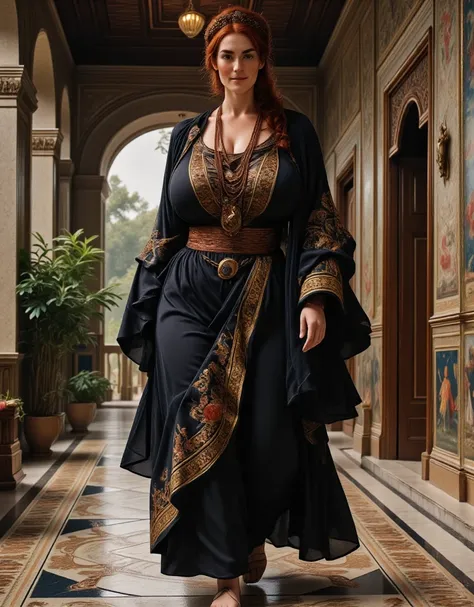 Photorealistic, cinematic style, picture of a beautiful British woman dressed like a Byzantine noblewoman in the early middle age. Shes walking in a luxuriously decorated hallway, frescoes , mosaic floor, tapestries. Shes wearing a richly decorated long si...