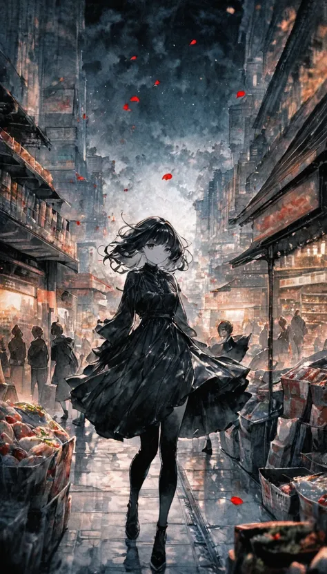 Up-and-coming works of art, A fusion of watercolor and oil paint, Monochrome, No color, Best Quality, Supermarket, 16k,  unbelievably absurd,  extremely detailed,  A beautiful, ephemeral girl stands in the city, wind, wind-effect, Moonlit night view, (Spec...