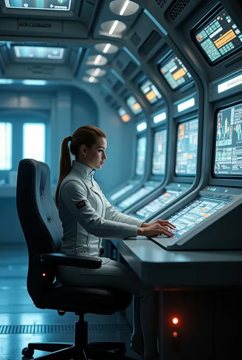 studio photo,high detail, hyper realism, 8k, atmospheric design of futuristic starship command centre, many computer panels, a girl in a light spacesuit controls the flight sits in front of the main console