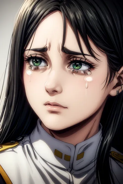 a 35-year-old woman ,  long black hair , green eyes, sad expression,  crying, tears on the face,  white military uniform, , libe...