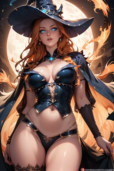 cartoon of a girl, witch, orange hair, glowing blue eyes