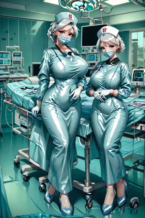 nurse uniform,hospital, latex nurse suit,nurses,busty,elbow gloves,labcoat,white hair woman,white eyes , gigantic ,medical instr...