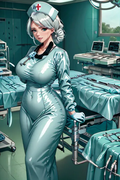 nurse uniform,hospital, latex nurse suit,nurses,busty,elbow gloves,labcoat,white hair woman,white eyes , gigantic ,medical instr...