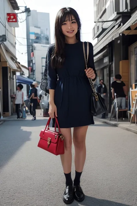 1japanese girl, dress, socks, flats, long hair, bang, black hair, shoulder bag, smile, standing, smile, in street of harajyuku, BREAK, (full body shot:1.45), BREAK, (masterpiece, best quality:1.4), (8k, raw photo, photorealistic:1.2), ultra high res, detai...