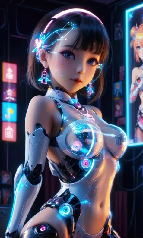 (virtual idol), in a cyberpunk living room, a robotic woman (clearly robot, feminine form) has a semi transparent overlay of a J Pop idol (cute, sexy stage outfit) projected over her show all of her