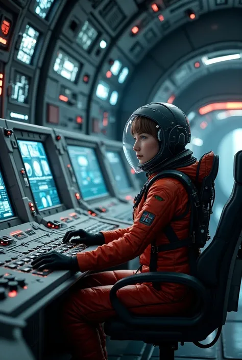 studio photo,high detail, hyper realism, 8k, atmospheric technocratic design of futuristic starship command centre, many computer panels, girl in light spacesuit made of red-black plastic panels, wearing a light helmet, controls the flight sits in front of...