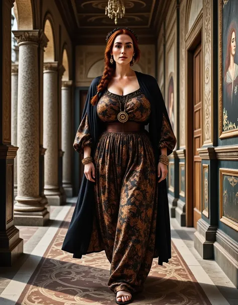 Photorealistic, cinematic style, picture of a beautiful British woman dressed like a Byzantine noblewoman in the early middle age. Shes walking in a luxuriously decorated hallway, frescoes , mosaic floor, tapestries. Shes wearing a richly decorated long si...