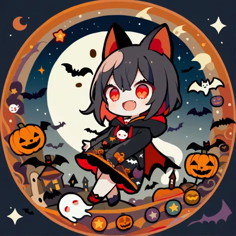 handicraft artwork,patchwork,cloth,button,Felt fabric,Embroidery thread,Handicrafts with a warm and gentle atmosphere,(Halloween,A vampire girl wearing a hooded hoodie with black cat ears laughs,Double teeth:Show your fangs,Red eyes,Chibi, full body,ghost ...