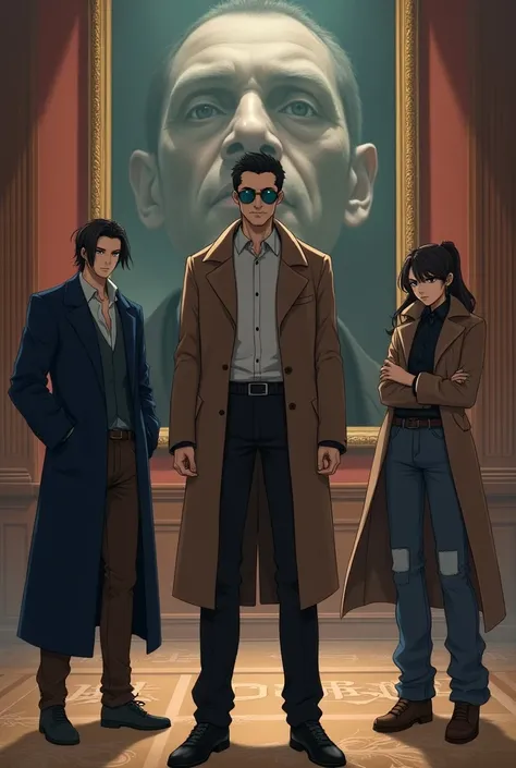 handsome man with specs in long brown coat in center and a gen-z woman in jean shirt and pant in right side of him in left hand some man in blue jerkin and brown cargo pant and a dwarf in black long coat standing in mysterious museum and a mysterious big p