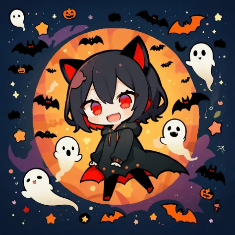 handicraft artwork,patchwork,cloth,button,Felt fabric,Embroidery thread,Handicrafts with a warm and gentle atmosphere,(Halloween,A vampire girl wearing a hooded hoodie with black cat ears laughs,Double teeth:Show your fangs,Red eyes,Chibi, full body,Dynami...