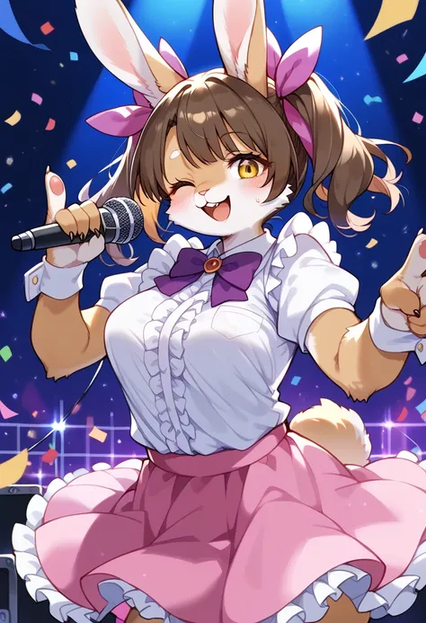 score_9, score_8_up, score_7_up, score_6_up, score_5_up, score_4_up, source_anime, best quality, amazing quality, very aesthetic, absurdres, 1girl, (furry, kemono:1.3), rabbit, rabbit girl, rabbit ears, microphone, one eye closed, stage, solo, brown hair, ...