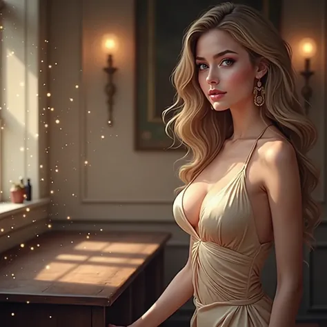 masterpiece, Best Quality,  ultra detail, Illustration,   Beautiful Details,  depth of field ,  Dynamic Angle, 8k wallpaper,  Portrait ,  BEST LIGHT AND SHADOW QUALITY , 4K, 8k, CG,  Sex,  blurry background,  upper body, contemporary,  dress, blonde, Long ...