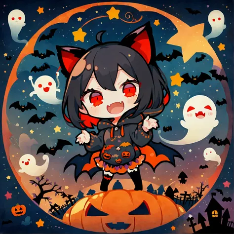 handicraft artwork,patchwork,cloth,button,Felt fabric,Embroidery thread,Handicrafts with a warm and gentle atmosphere,(Halloween,A vampire girl wearing a hooded hoodie with black cat ears laughs,Double teeth:Show your fangs,Red eyes,Chibi, full body,Dynami...