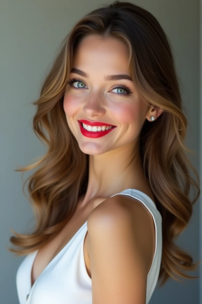 To create an AI-generated character based on your description, here’s a prompt that captures the details:

---

**Prompt**: "Create a highly realistic, beautiful young woman with big, expressive blue eyes, a fair complexion, and a warm, engaging smile. She...