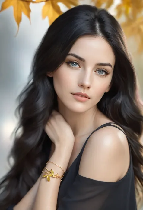 A photorealistic image of a beautiful young woman with long, black hair styled in loose waves, showing only her face and torso. She has bluish-gray eyes with a soft, thoughtful expression. She is wearing a sleek black top that complements a delicate golden...