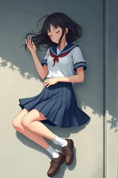 A realistic woman sleeping outside floor in shoes and school uniform skirt 