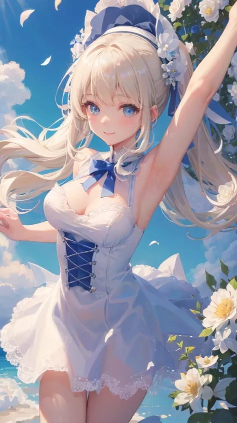 masterpiece, Best Quality, short blonde perm ponytail one girl,  high definition, blue eyes 、 white lace transparent dress、smile、 8K Octane, Flower Field、I have flowers attached to my hair。 The Petals Dance。hat with white ribbon、8K Octane, Aerial perspecti...