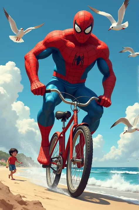 A massive Spider-Man enjoying a whimsical ride on a tiny, cracked bicycle on the beach, bursting into laughter, with ren playing in the sand and seagulls flying overhead."