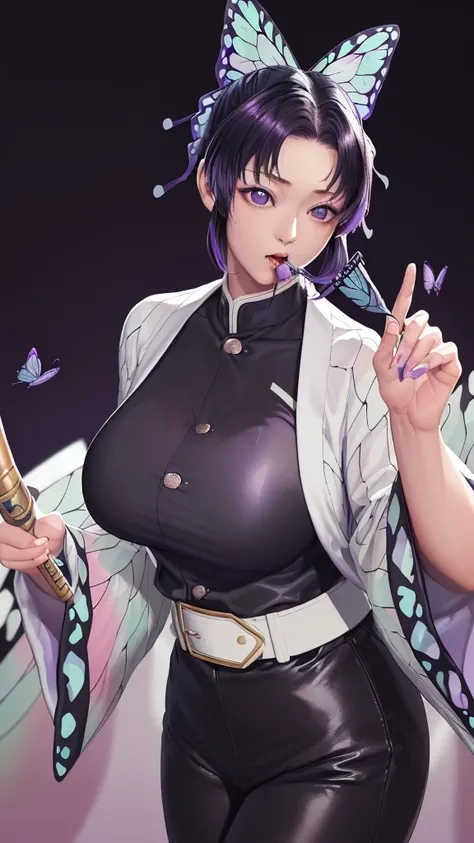 (（（figure，御姐figure,White and tender skin,（（（haori, wide sleeves, long sleeves, black pants, black jacket, belt，）））,,(（（kochou shinobu, butterfly hair ornament, purple eyes, multicolored hair, short hair, parted bangs, ））)，((masterpiece)), highres ,((Best q...