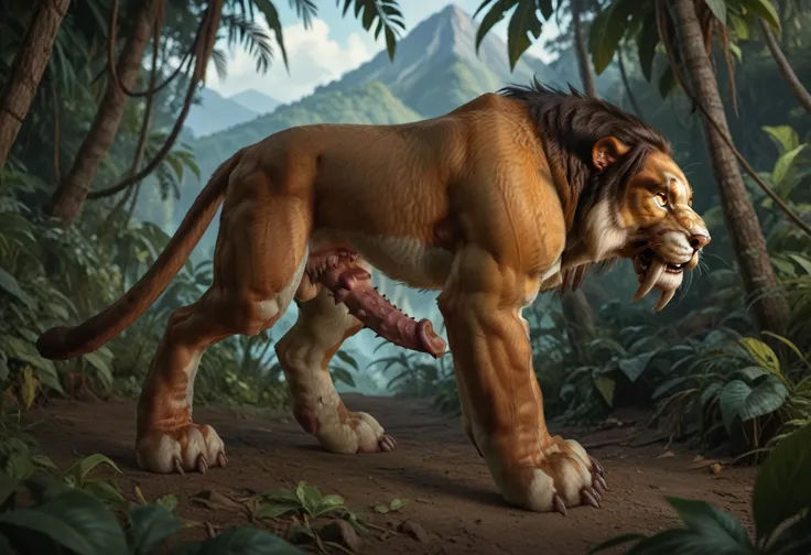 (feral saberon, sabertooth, mountain lion, stub tail, barbed feline penis) in a deserted jungle