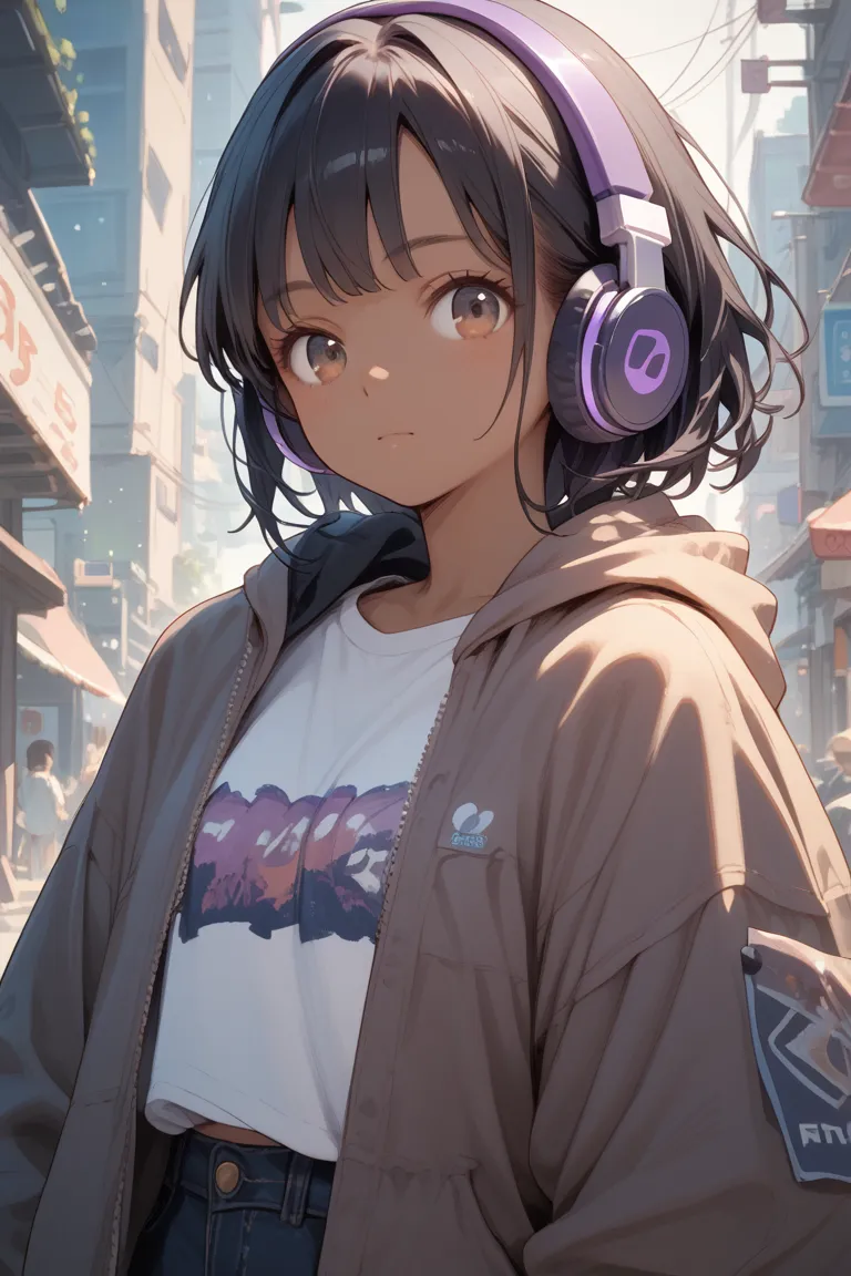 score_9, score_8_up, score_7_up, brown skin anime girl with purple clothes black hair and purple headphones