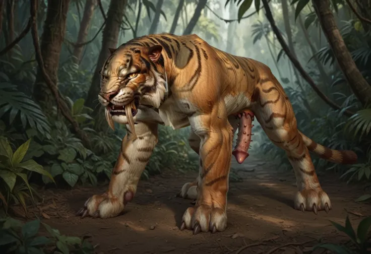 (feral saberon, sabertooth, short mane, long fangs, barbed feline penis) in a deserted jungle