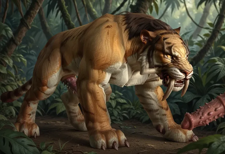 (feral saberon, sabertooth, short mane, long fangs, barbed feline penis) in a deserted jungle