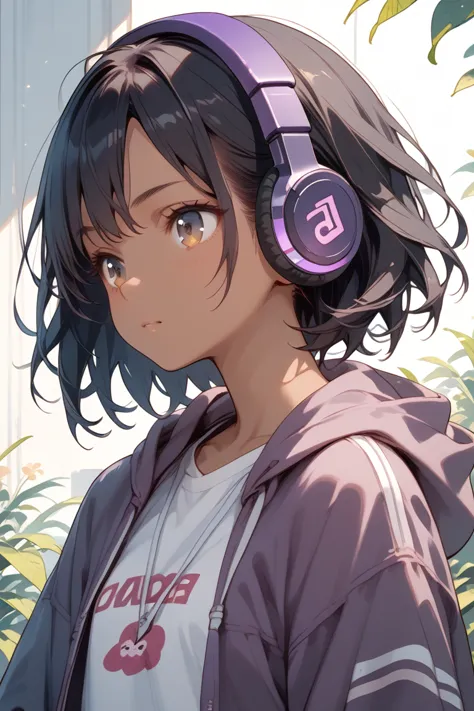 score_9, score_8_up, score_7_up, brown skin anime girl with purple clothes black hair and purple headphones