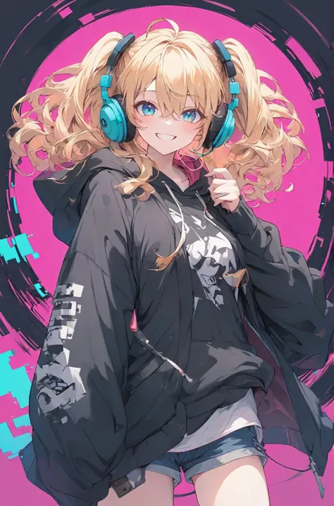 one girl playing pranks,  blond hair, curly hair,  long bangs , black oversized cardigan with 1 blade on the side , headphones, ...