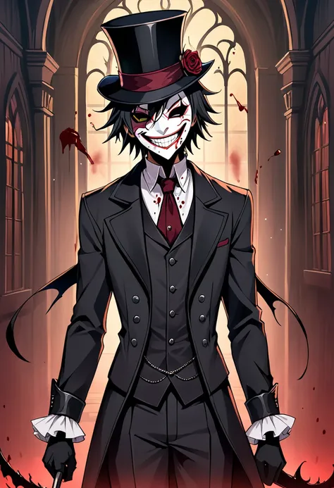 anime male slasher wearinscary anime male wearing a smile mask, suit, and top hat, cool, intimidating, slasher vibes, blood on m...