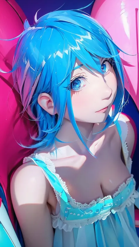 1girl, solo, looking at viewer, blush, blue eyes, shirt, blue hair, collarbone, sweatdrop, speech bubble, eyelashes, aqua hair, ...