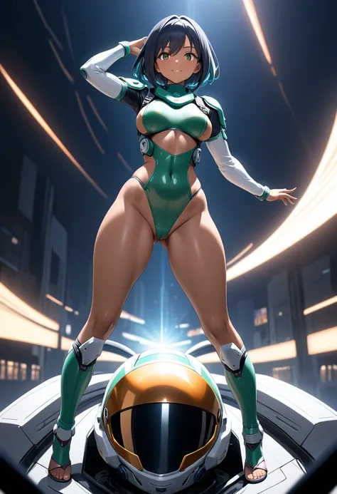 One woman has a perfect figure ,Dark Skin Tone, female anime character in a futuristic suit piloting a spaceship in a motorcycle-shaped cockpit, masterpiece,  best quality, , Doll Suit, Thong, 1人の girl, Big Butt、Big ButtThong、Thongを食い込ませる、High Cut、Big Butt...