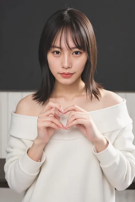 They are wearing off-shoulder pajamas, making a firm big heart shape with both hands, and holding them in front of their chest, View above collarbone、Throat up for a cute smile、The background is a monotone 

