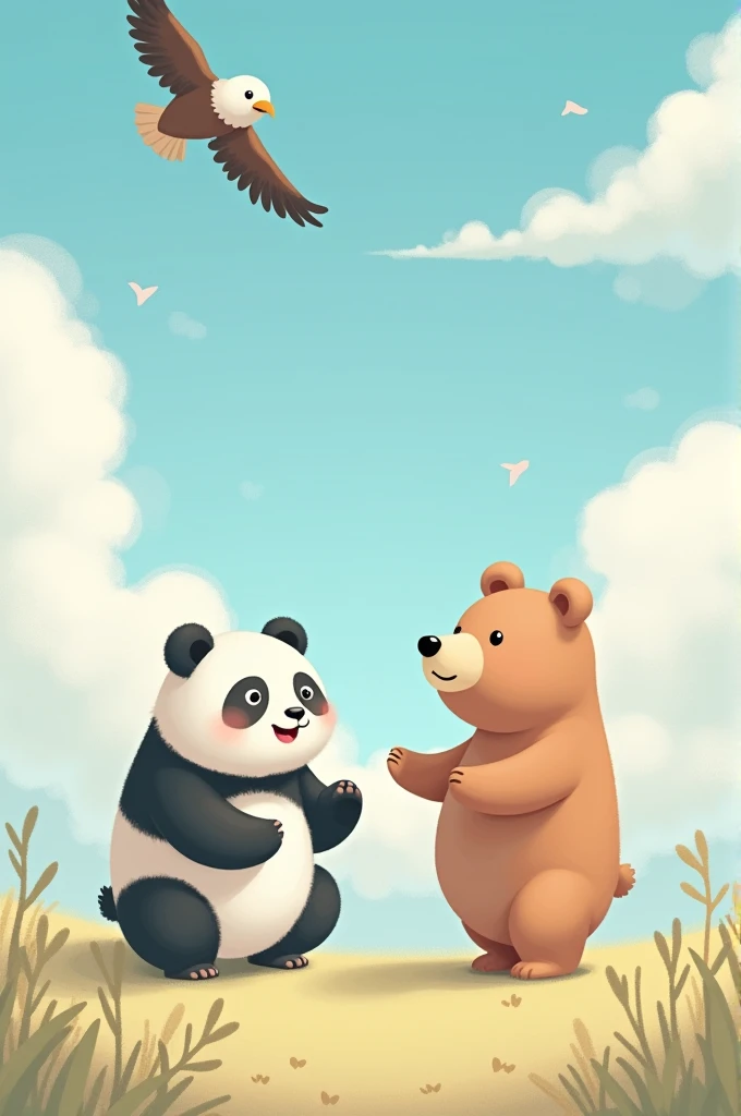 Panda and bear plus egle in sky background