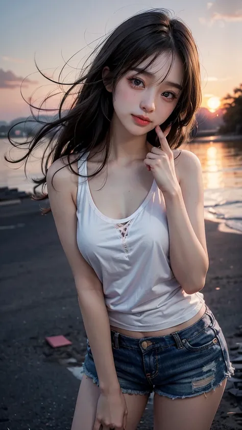  1 girl, Photo Model, smile, Focus on viewers ,   beautiful lighting pictures, Best Quality, masterpiece,  ultra high resolution,  photorealistic,  Black Hair ,  short tank top, Shorts, long stocking,  medium chest ,  white skin,( Sunset Background:1.4)