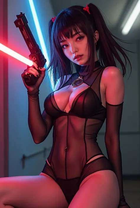  cute Japanese woman、 see-through bodysuit that pierces lightsabers、 shot above thigh、Hold the shotgun