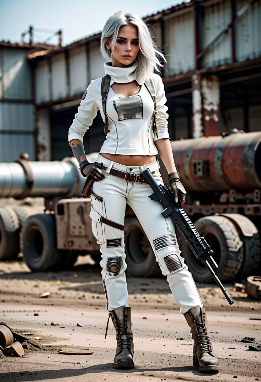 full body from head to toe, a post apocalyptic girl in a dirty white suit and dirty jeans with black side stripes, silver gray h...