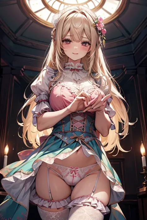 8k、 Best Quality 、  Maximum Clarity  、   very detailed 、Beautiful art、   very detailed、  biologically correct body  、  gentle smile、Maternal、Erotic face、See-through skin 、 big breasts at the temple、(((  lace panties with gorgeous ruffles and delicate embro...