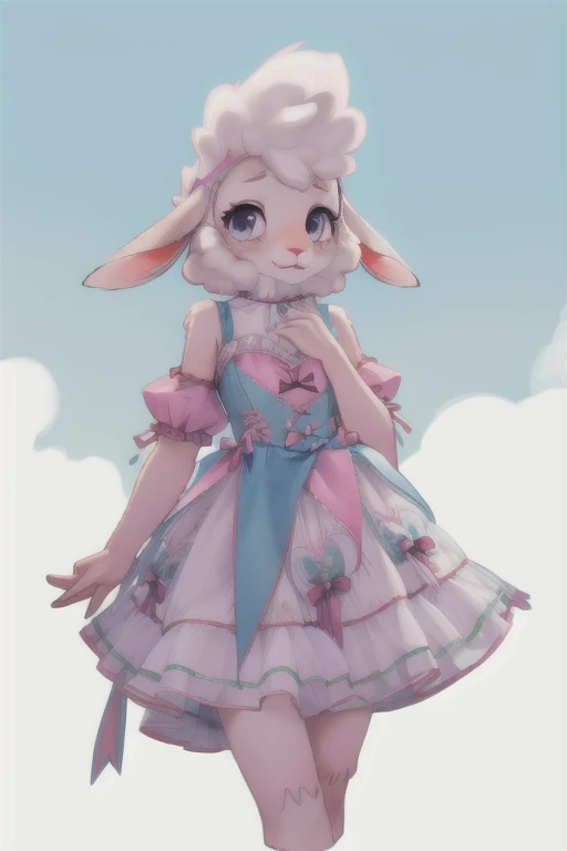 sheep girl, s,bellwether, pink fur , light blue dress, ta fashion